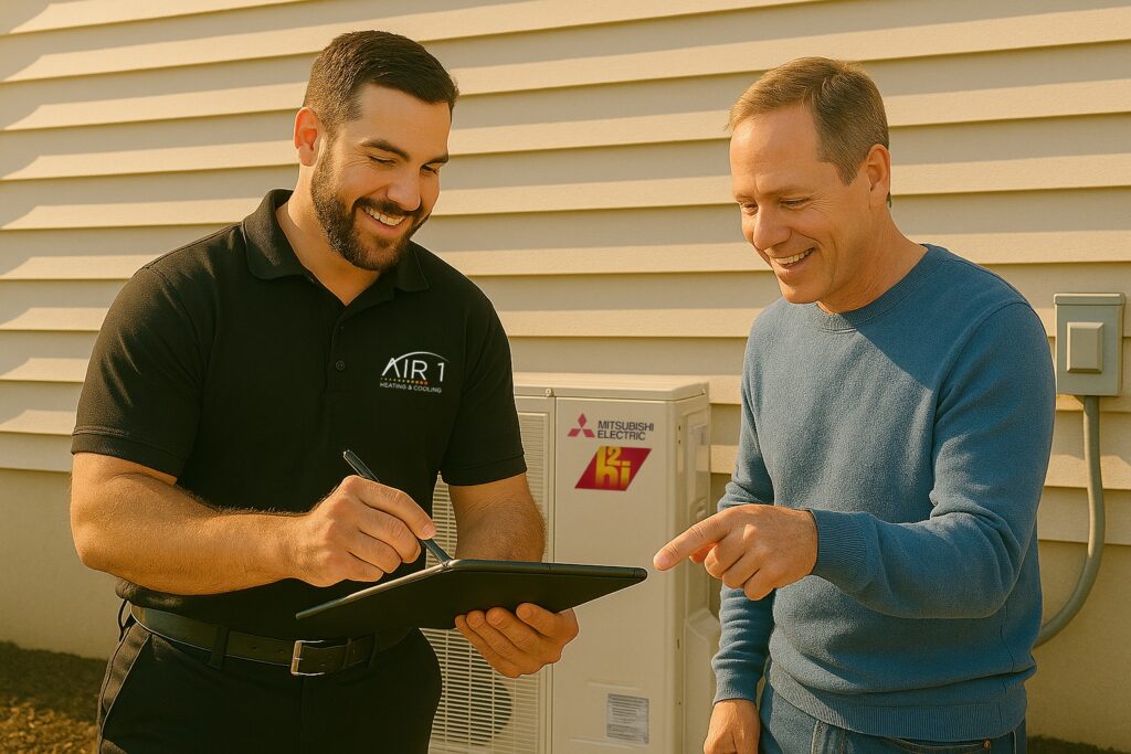 Air 1 Heating & Cooling technician reviewing service details with a happy homeowner next to a Mitsubishi mini-split unit.