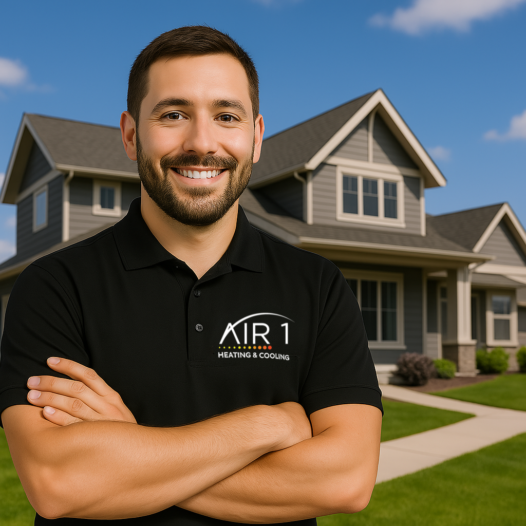 Smiling HVAC technician from Air 1 Heating & Cooling standing confidently in front of a suburban home on a sunny day.